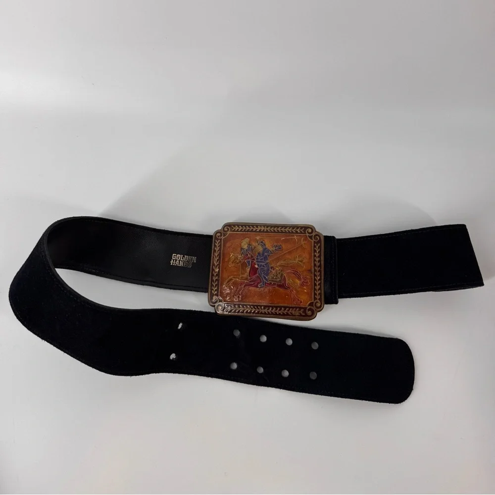 Vintage Warrior Horse Golden Hands Made in INDIA BELT & BUCKLE Enamel